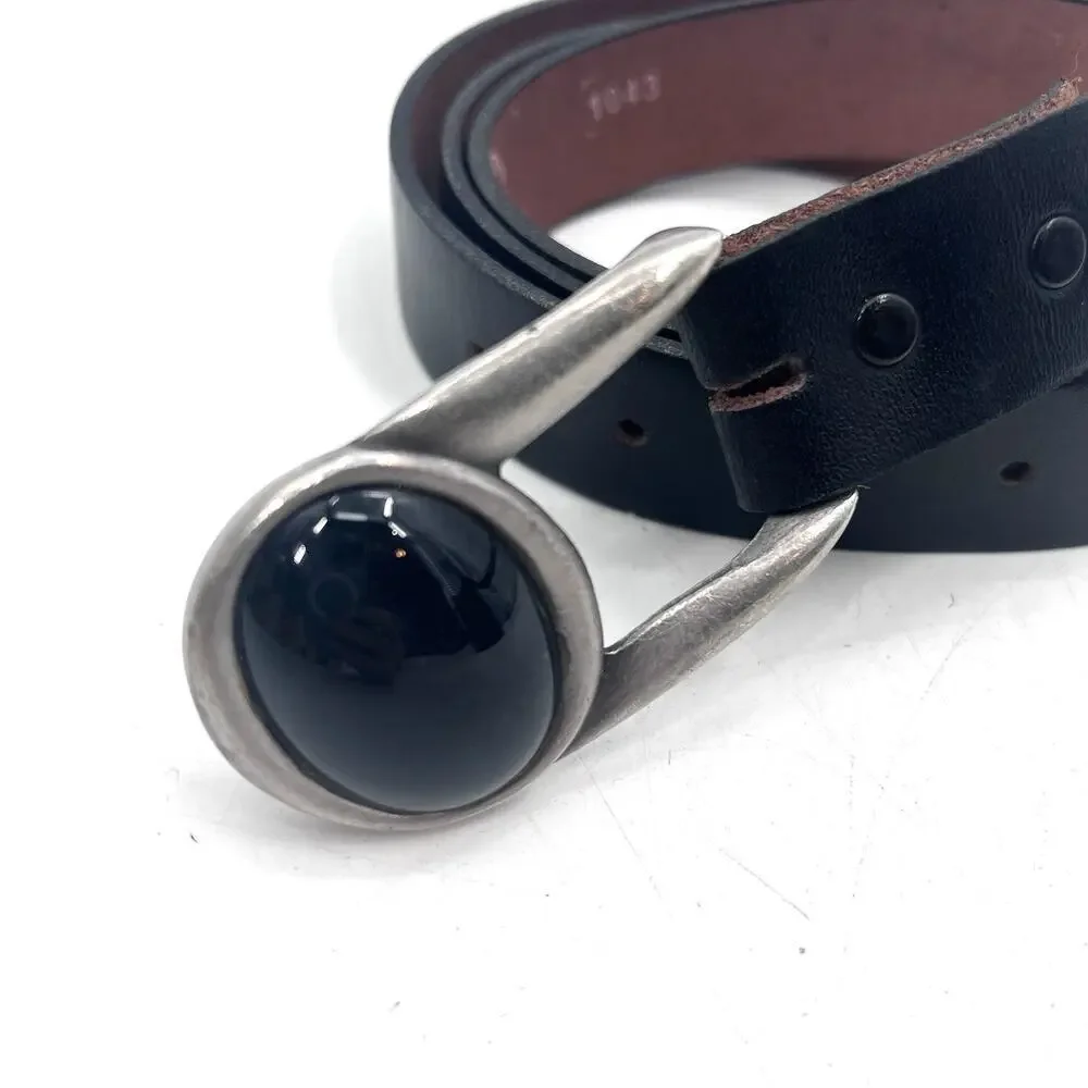 Vintage Black Leather Hip Hook Belt with Removable Pewter Buckle Womens 40